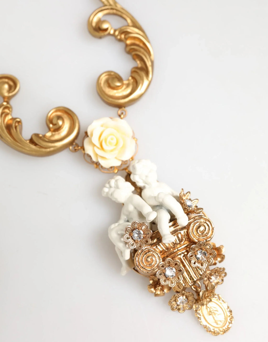 Dolce & Gabbana Gold Ceramic Crystal Cherub Baroque Pendant Necklace - Zeiniez