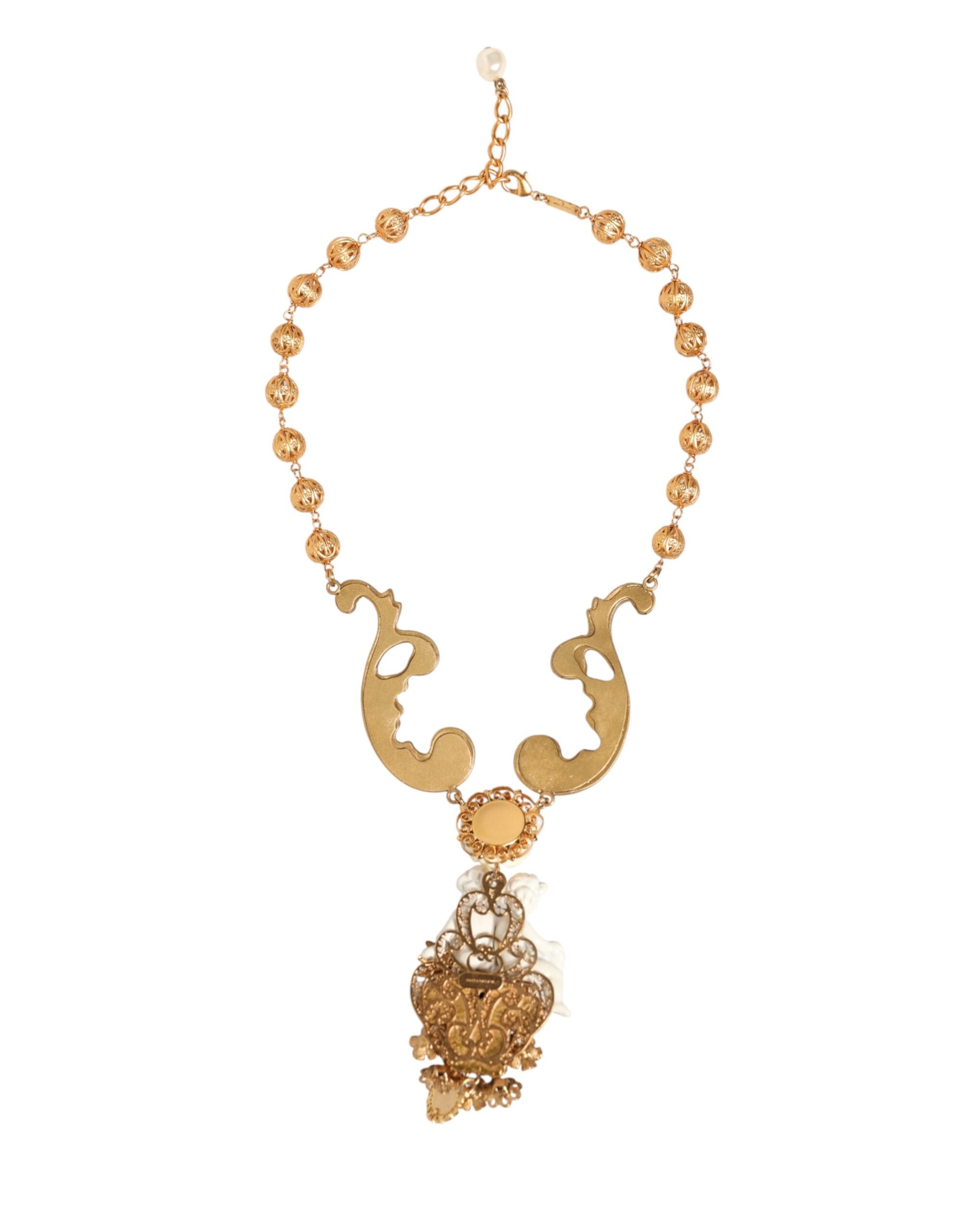 Dolce & Gabbana Gold Ceramic Crystal Cherub Baroque Pendant Necklace - Zeiniez