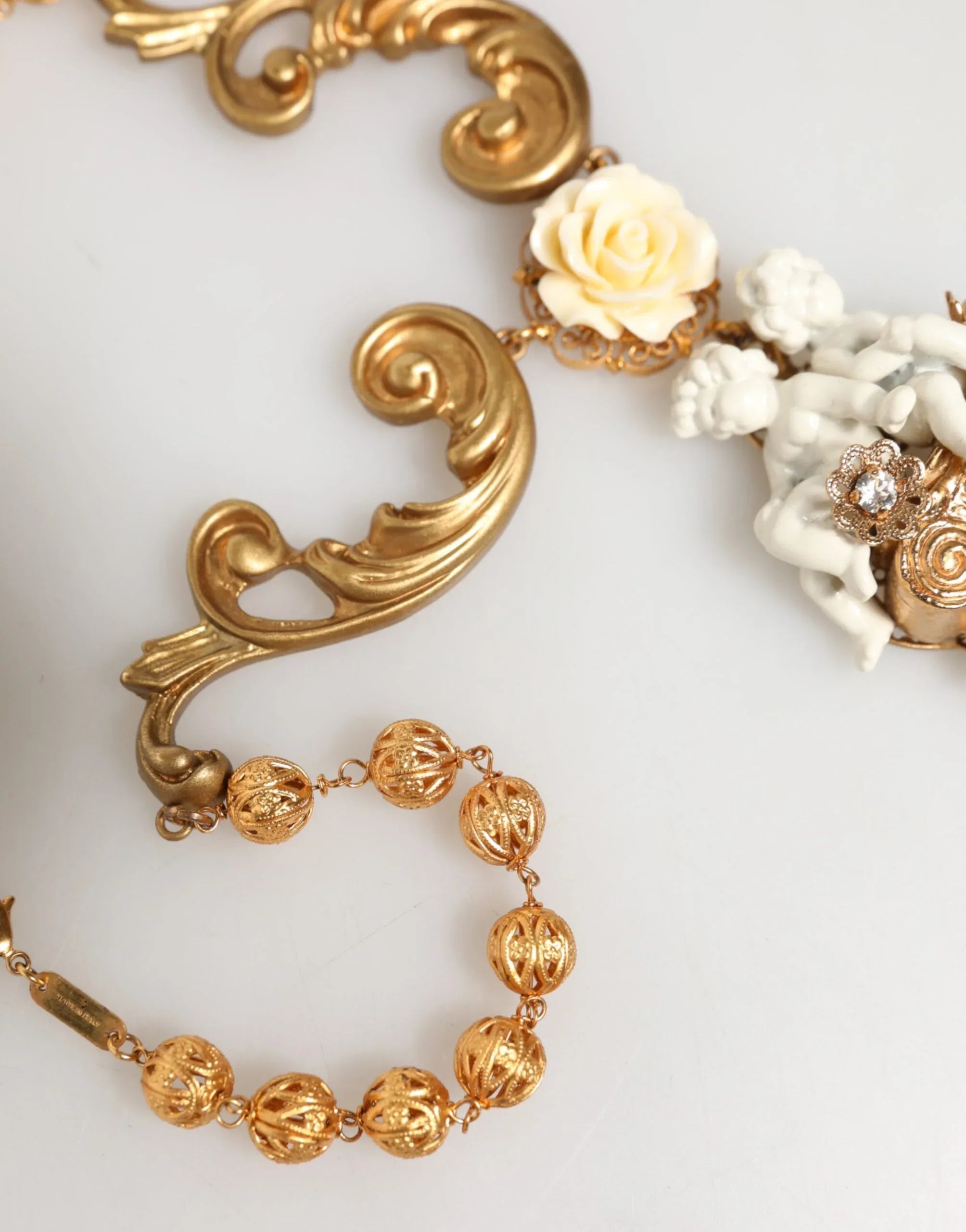 Dolce & Gabbana Gold Ceramic Crystal Cherub Baroque Pendant Necklace - Zeiniez