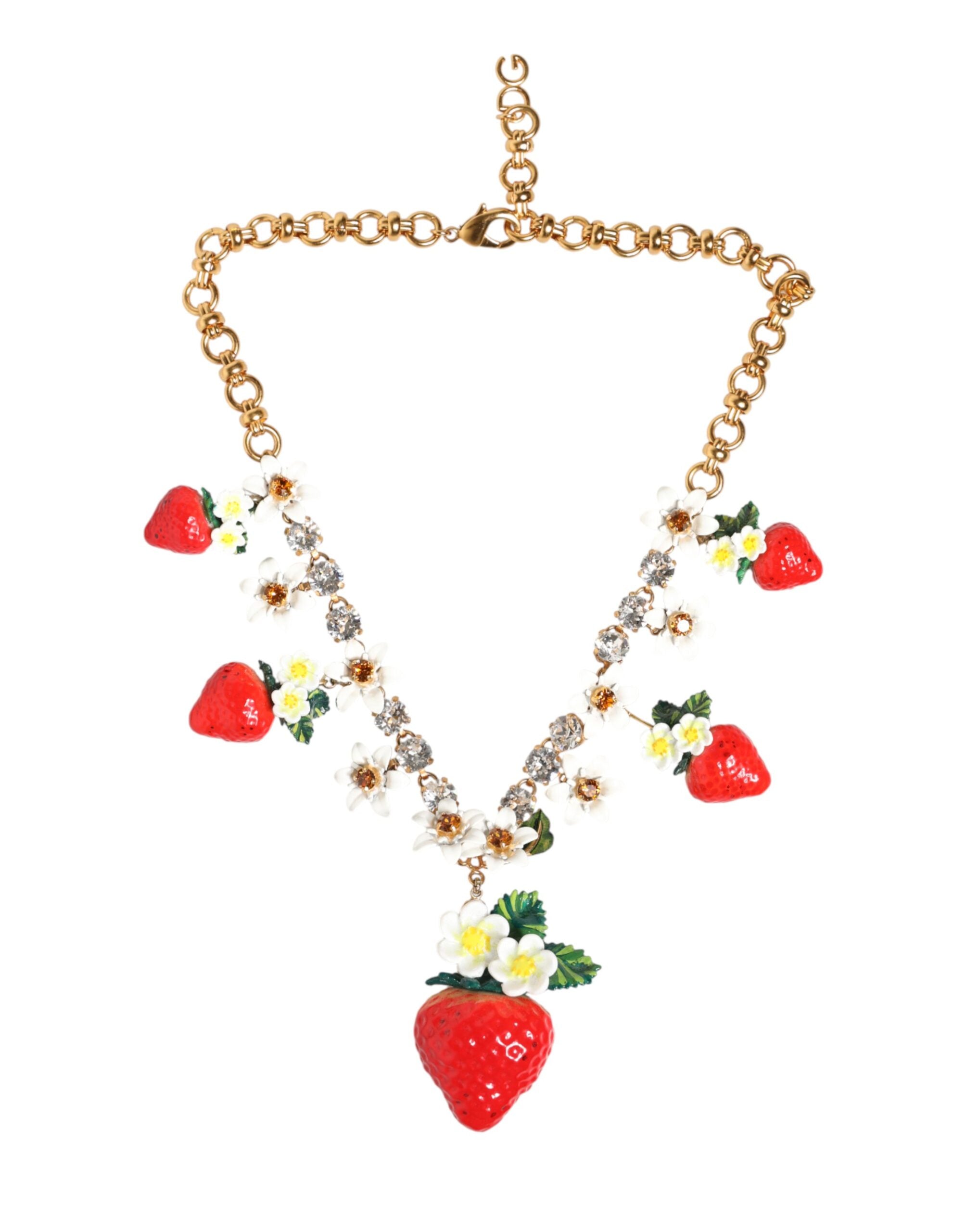 Dolce & Gabbana Gold Brass FRUIT Pendants Flowers Crystal Logo Necklace - Zeiniez