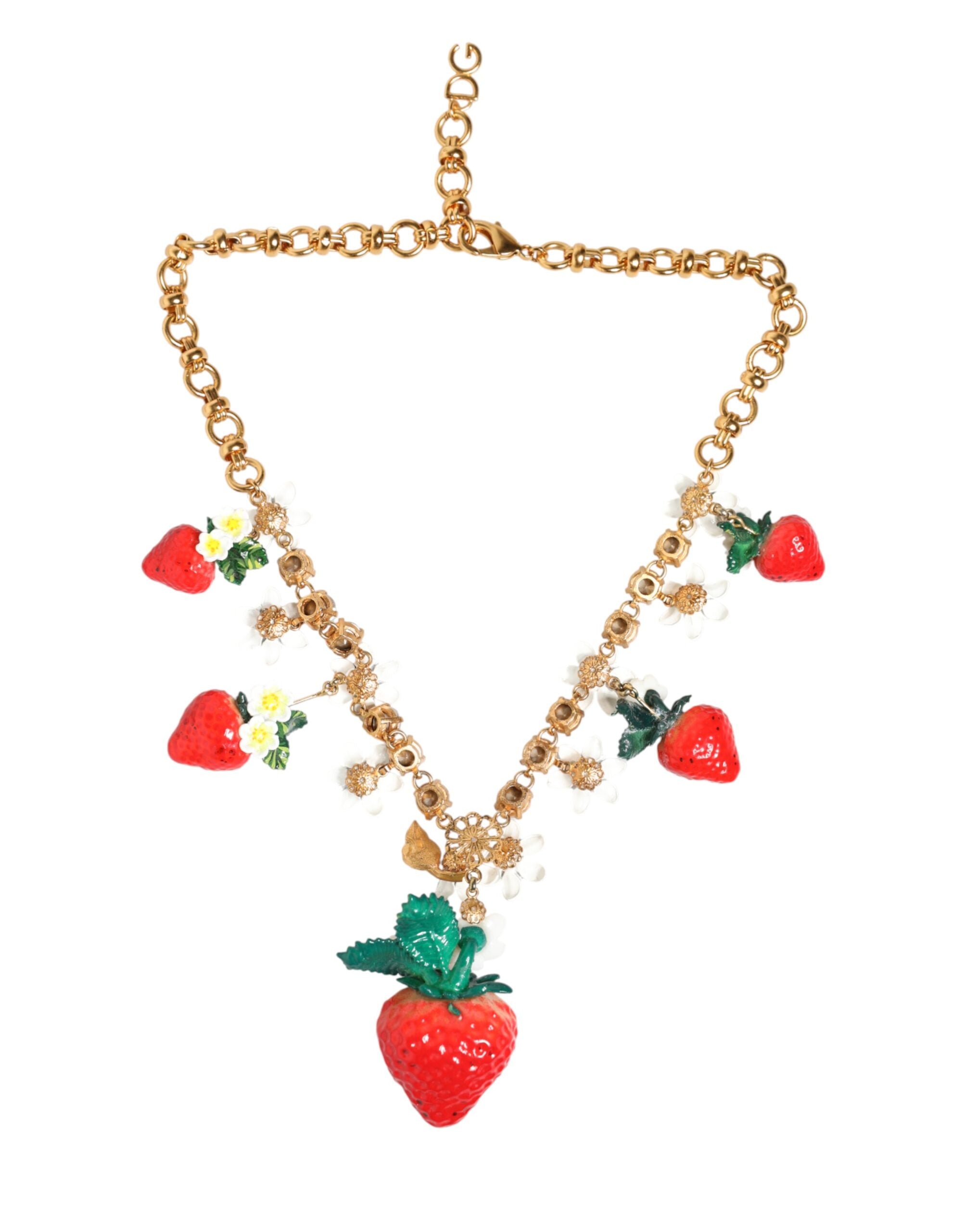 Dolce & Gabbana Gold Brass FRUIT Pendants Flowers Crystal Logo Necklace - Zeiniez