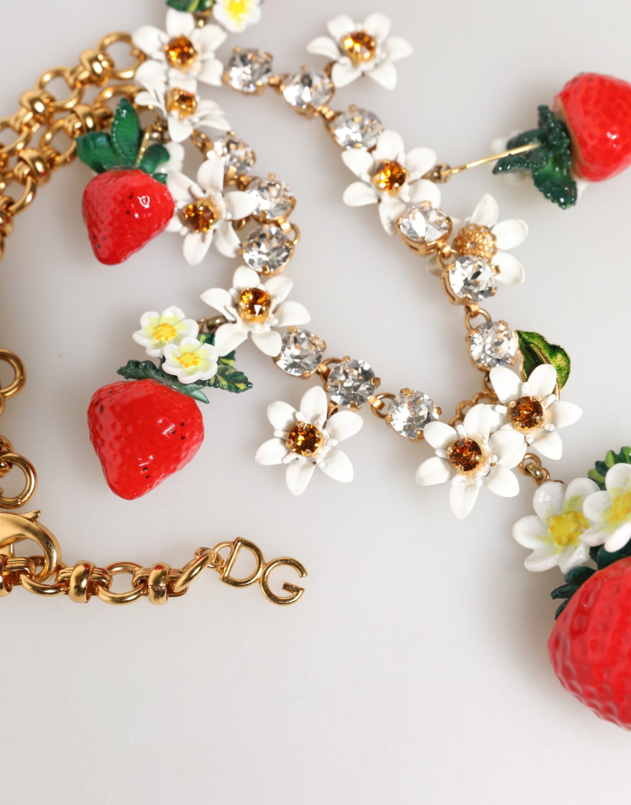 Dolce & Gabbana Gold Brass FRUIT Pendants Flowers Crystal Logo Necklace - Zeiniez