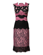 Dolce & Gabbana Black Pink Floral Lace Silk Sheath Dress - Zeiniez
