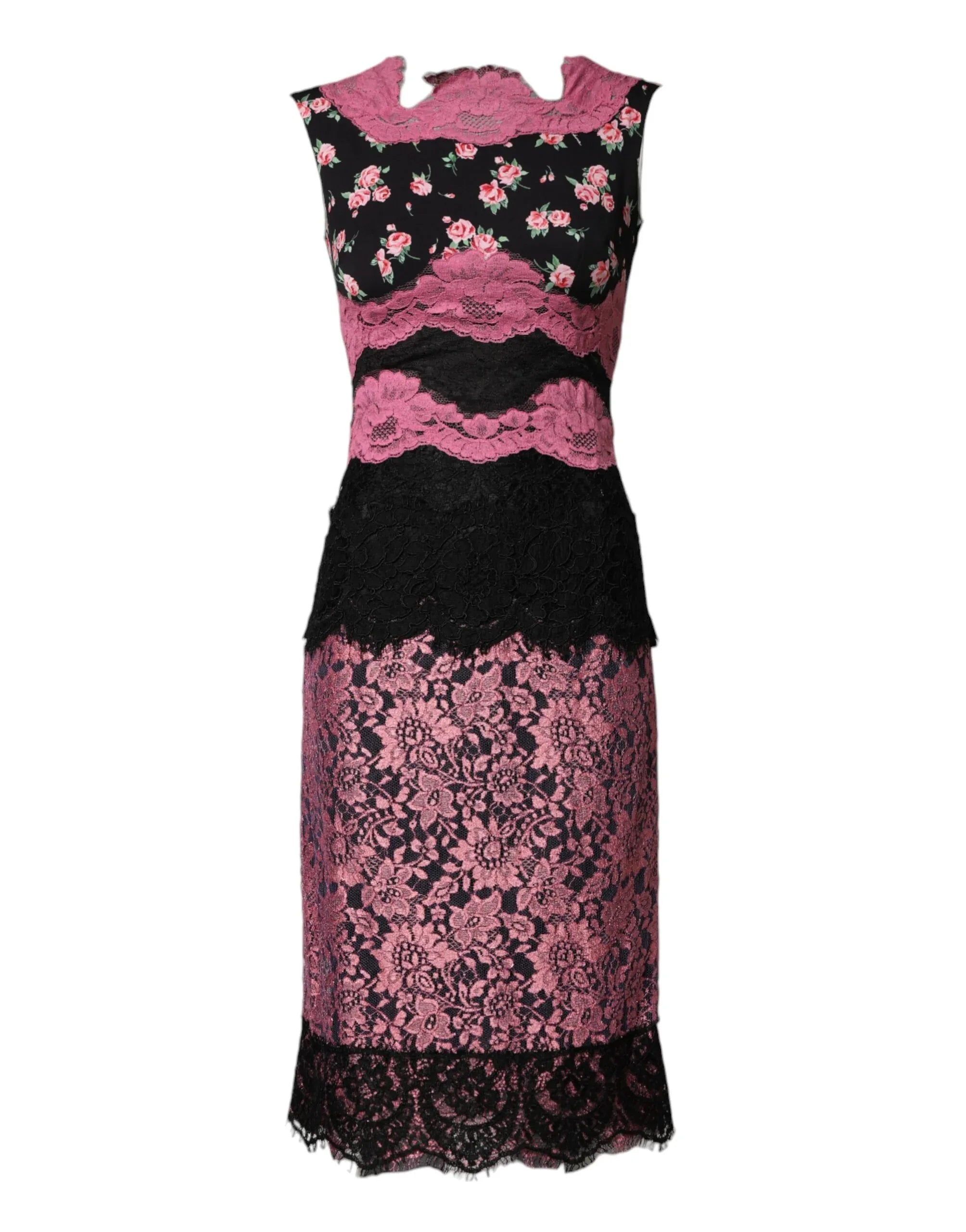 Dolce & Gabbana Black Pink Floral Lace Silk Sheath Dress - Zeiniez
