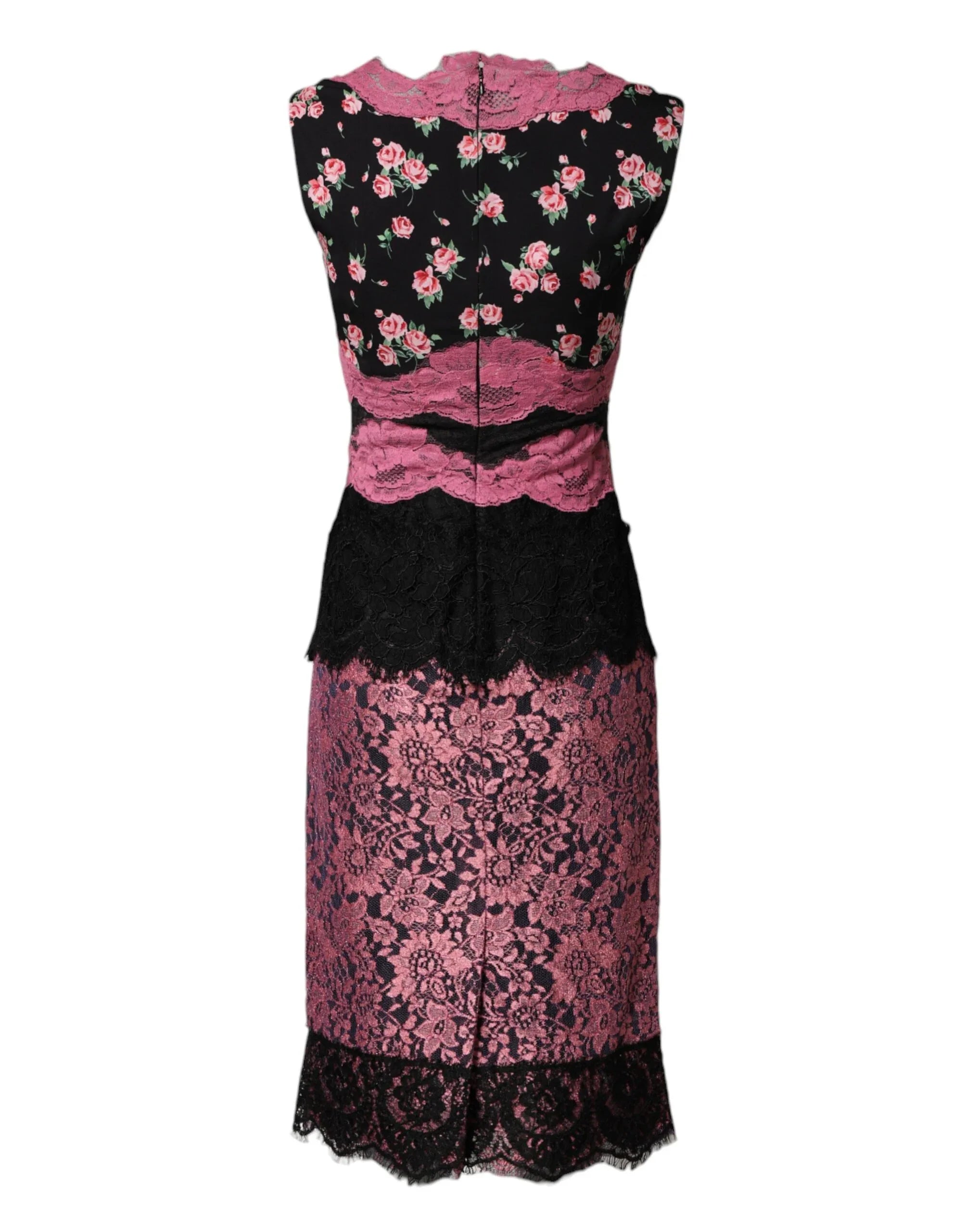 Dolce & Gabbana Black Pink Floral Lace Silk Sheath Dress - Zeiniez