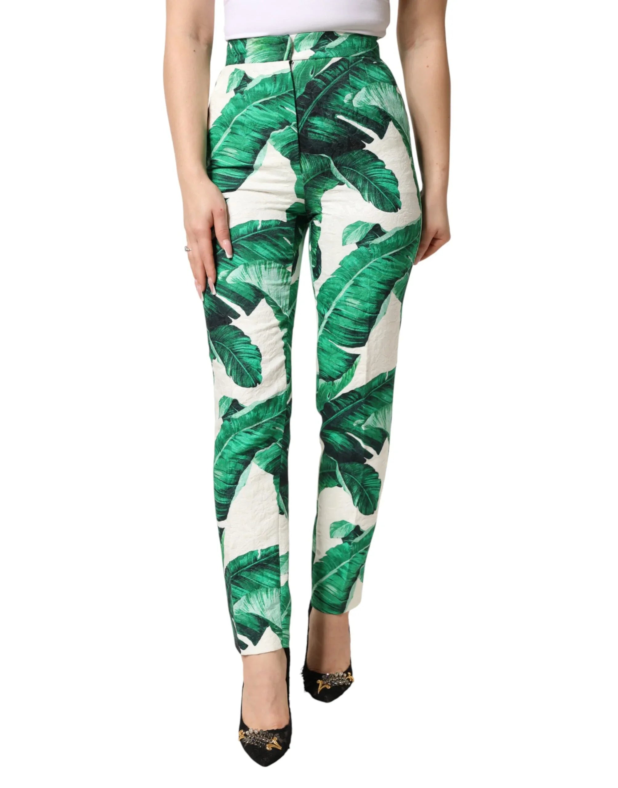 Dolce & Gabbana White Green Leaf High Waist Trousers Pants - Zeiniez