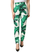 Dolce & Gabbana White Green Leaf High Waist Trousers Pants - Zeiniez