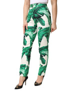 Dolce & Gabbana White Green Leaf High Waist Trousers Pants - Zeiniez