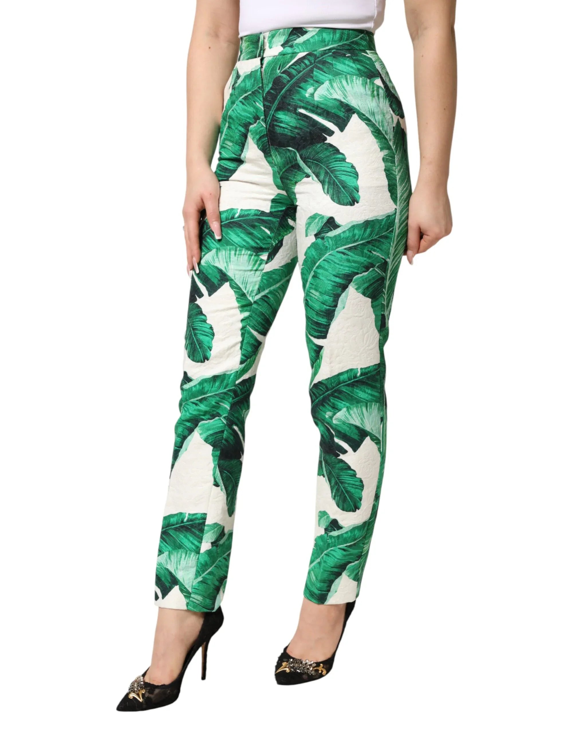 Dolce & Gabbana White Green Leaf High Waist Trousers Pants - Zeiniez