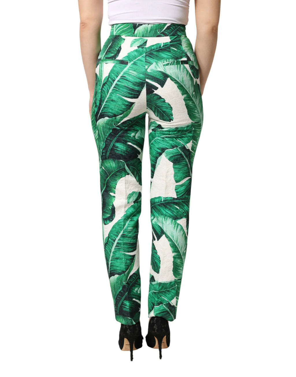 Dolce & Gabbana White Green Leaf High Waist Trousers Pants - Zeiniez