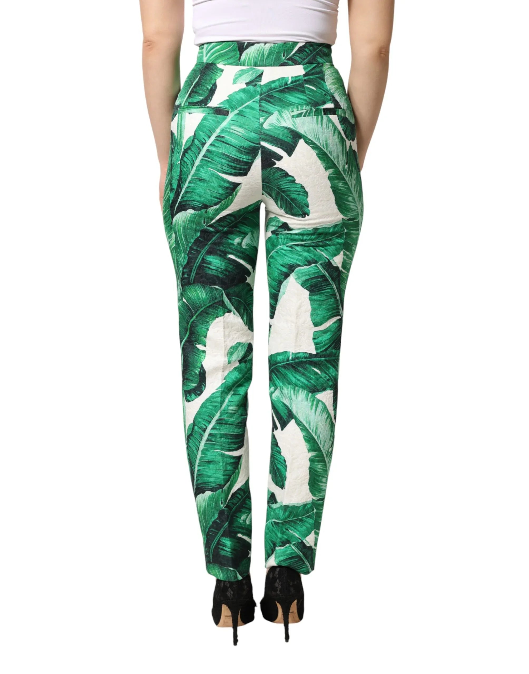 Dolce & Gabbana White Green Leaf High Waist Trousers Pants - Zeiniez