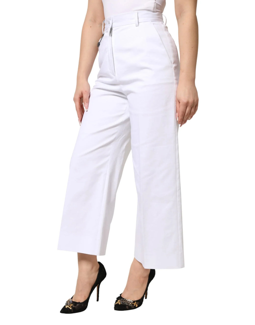 Dolce & Gabbana White Cotton High Waist WideLeg Cropped Pants - Zeiniez