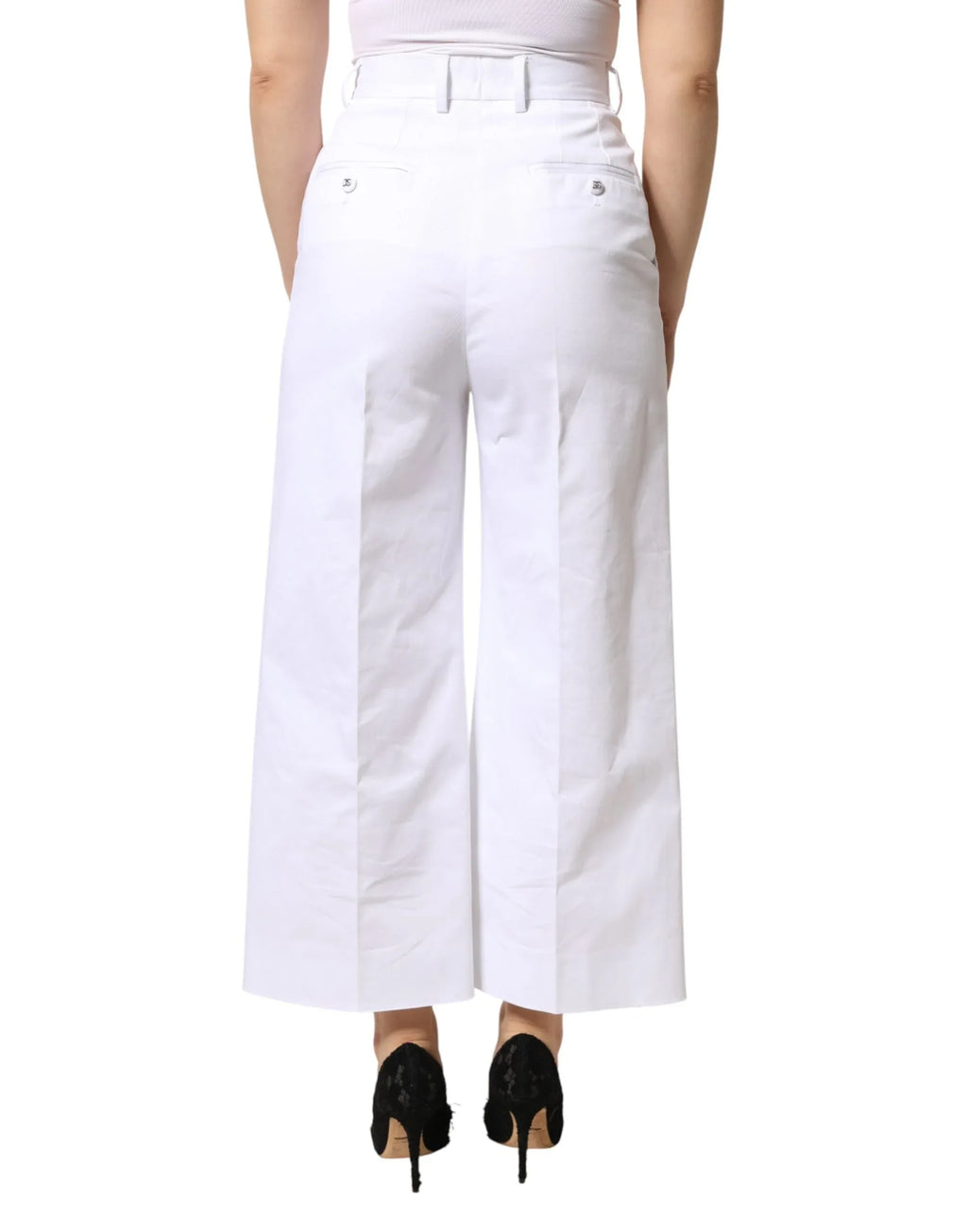 Dolce & Gabbana White Cotton High Waist WideLeg Cropped Pants - Zeiniez