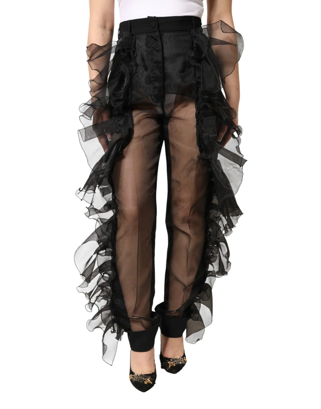 Dolce & Gabbana Black High Waist Tulle Wool Trouser Pants - Zeiniez