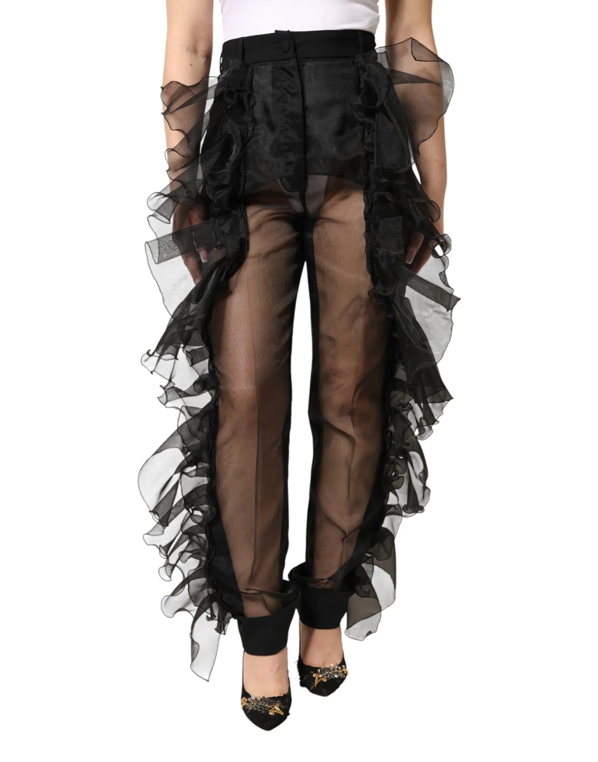 Dolce & Gabbana Black High Waist Tulle Wool Trouser Pants - Zeiniez