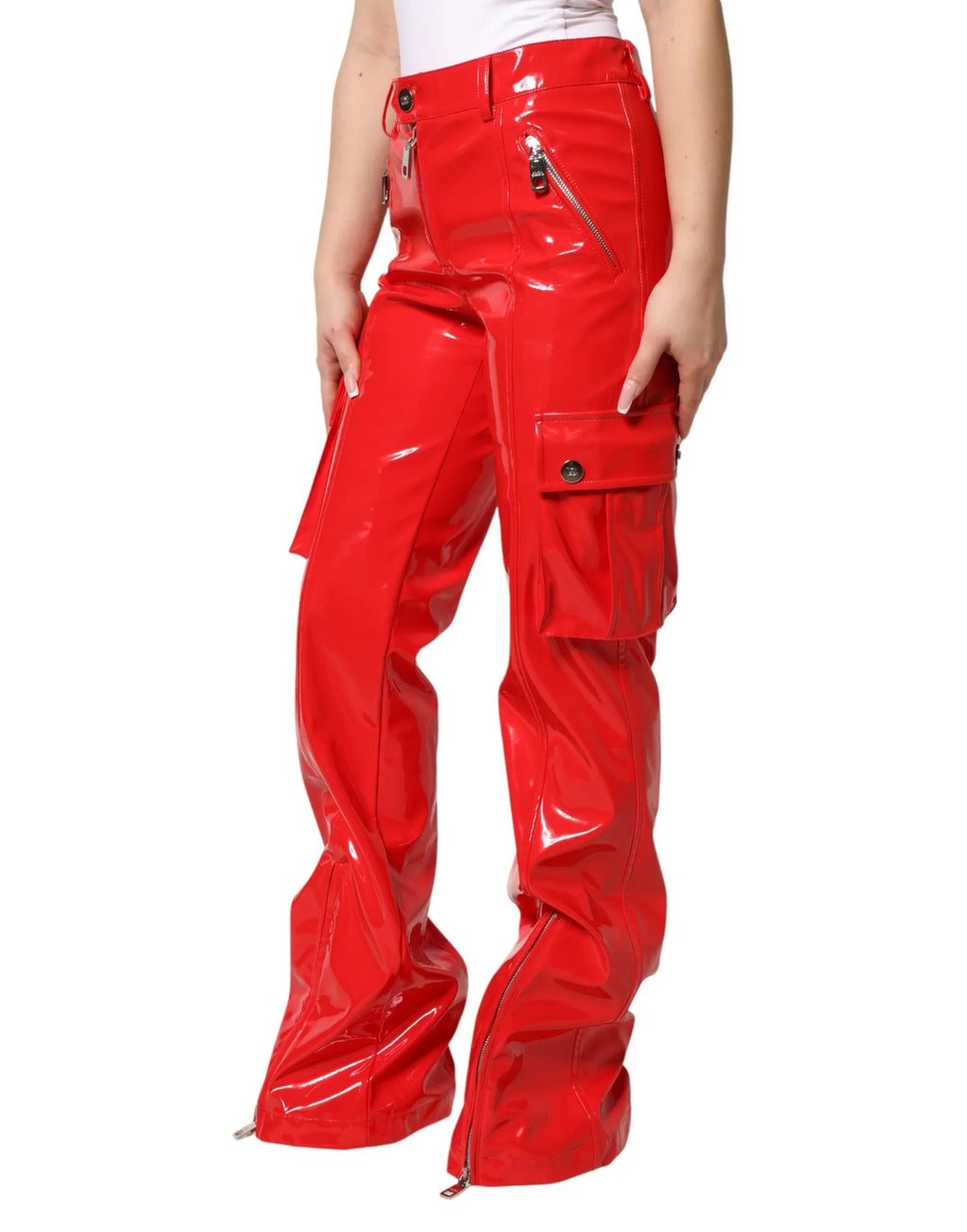 Dolce & Gabbana Red Glossy Polyester Cargo Boot Cut Pants - Zeiniez