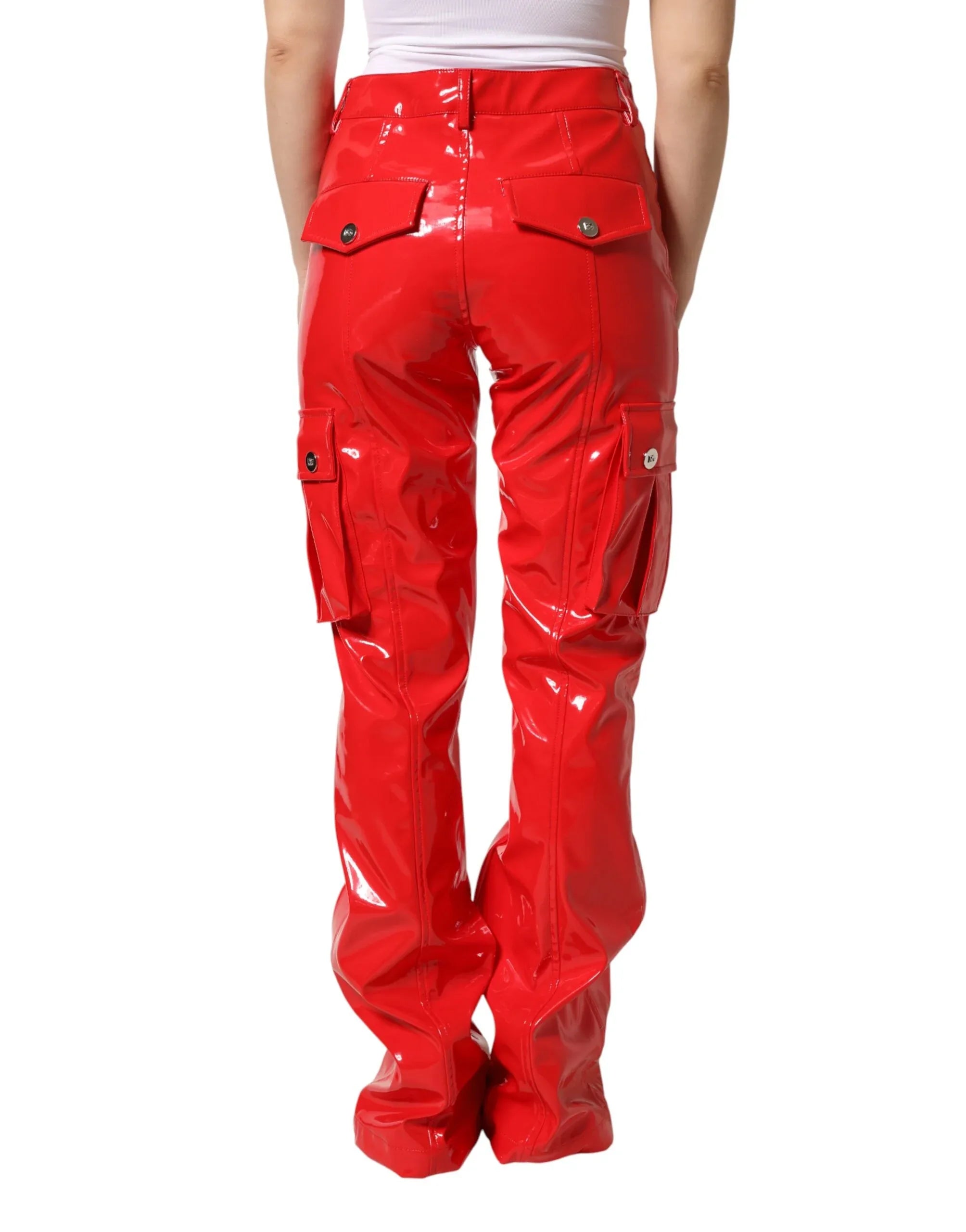 Dolce & Gabbana Red Glossy Polyester Cargo Boot Cut Pants - Zeiniez