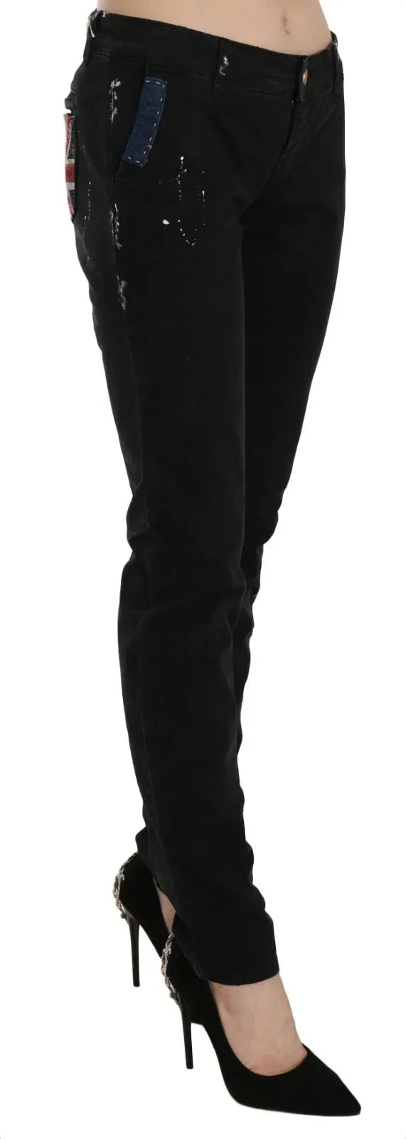 John Galliano Black Low Waist White Paint Skinny Denim Pants Jeans - Zeiniez