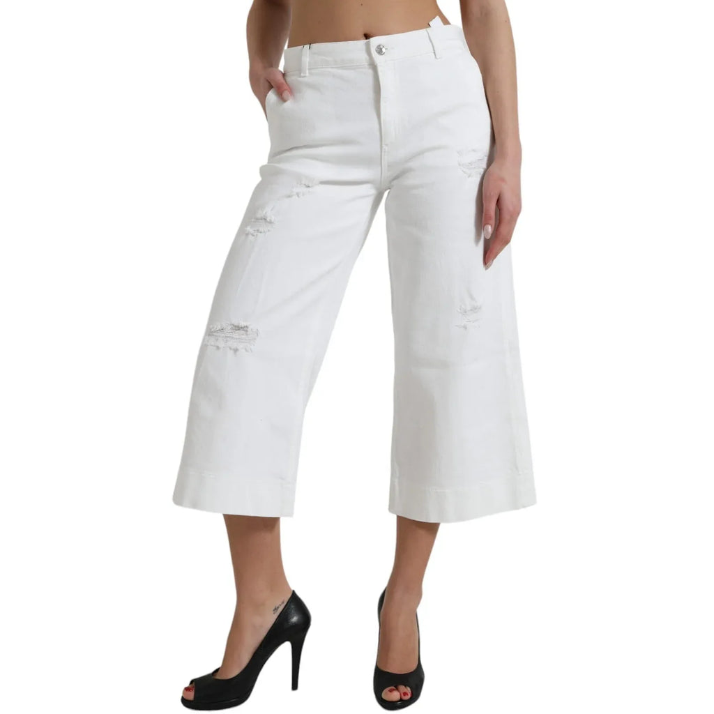 Dolce & Gabbana Wide Leg White Cotton Cropped Denim Jeans - Zeiniez