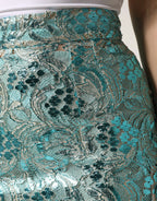Dolce & Gabbana Blue Floral Brocade High Waist Mini Skirt - Zeiniez