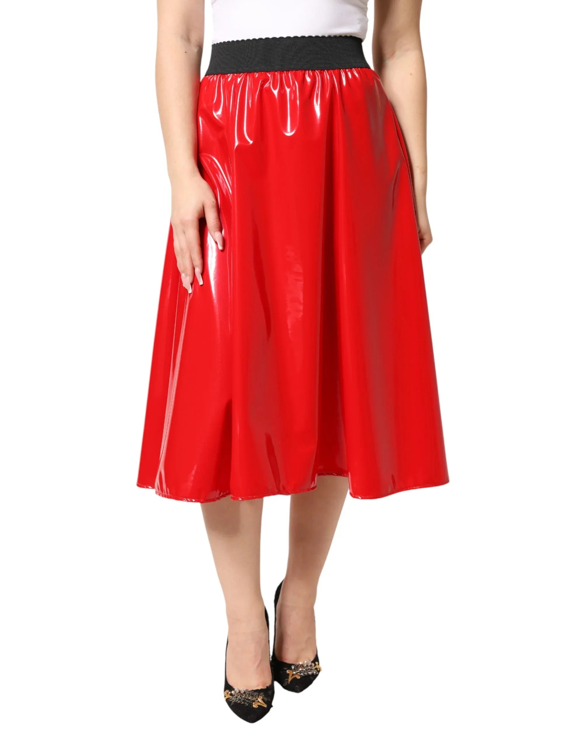 Dolce & Gabbana Glossy Red Polyester High Waist Midi Skirt - Zeiniez
