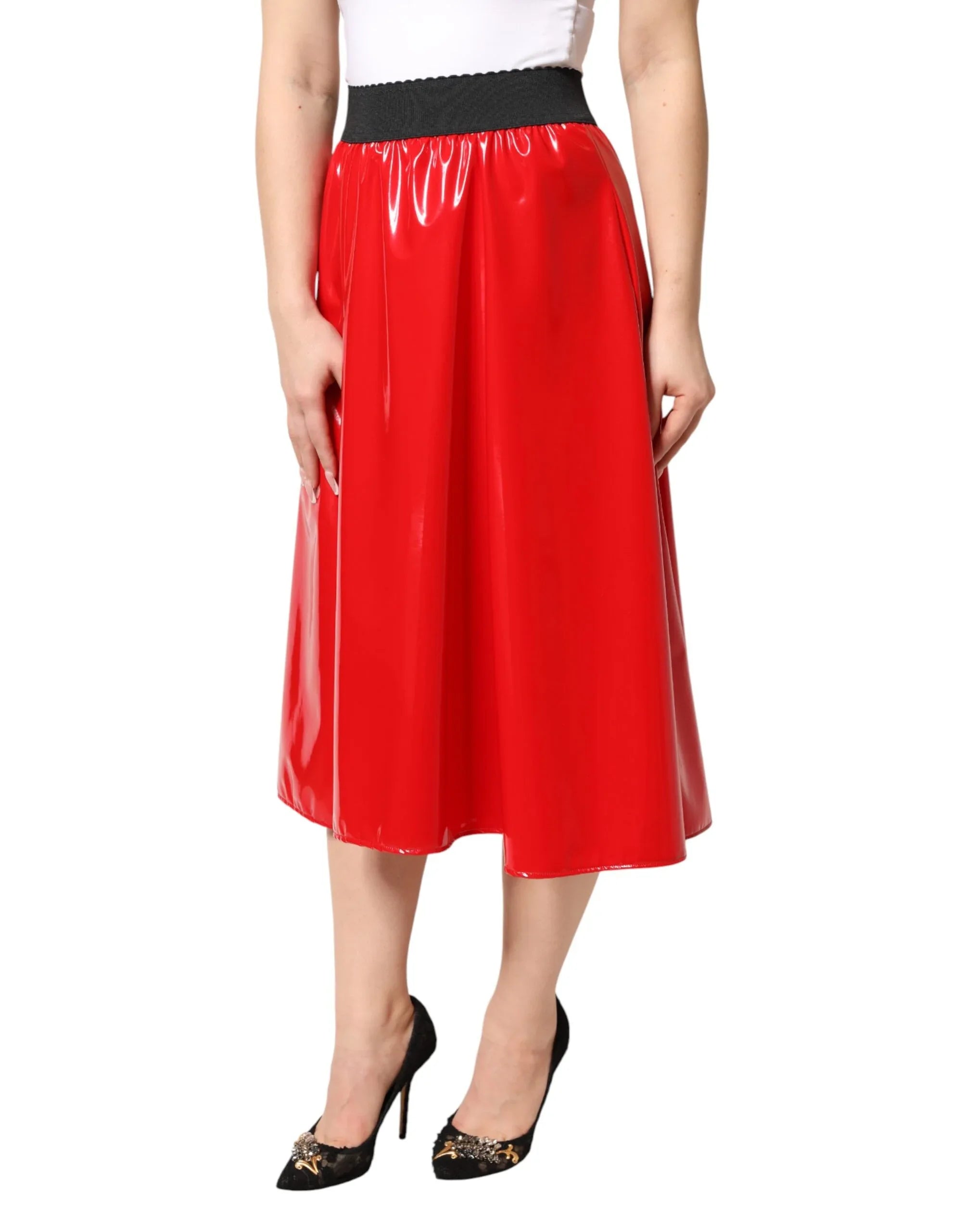 Dolce & Gabbana Glossy Red Polyester High Waist Midi Skirt - Zeiniez
