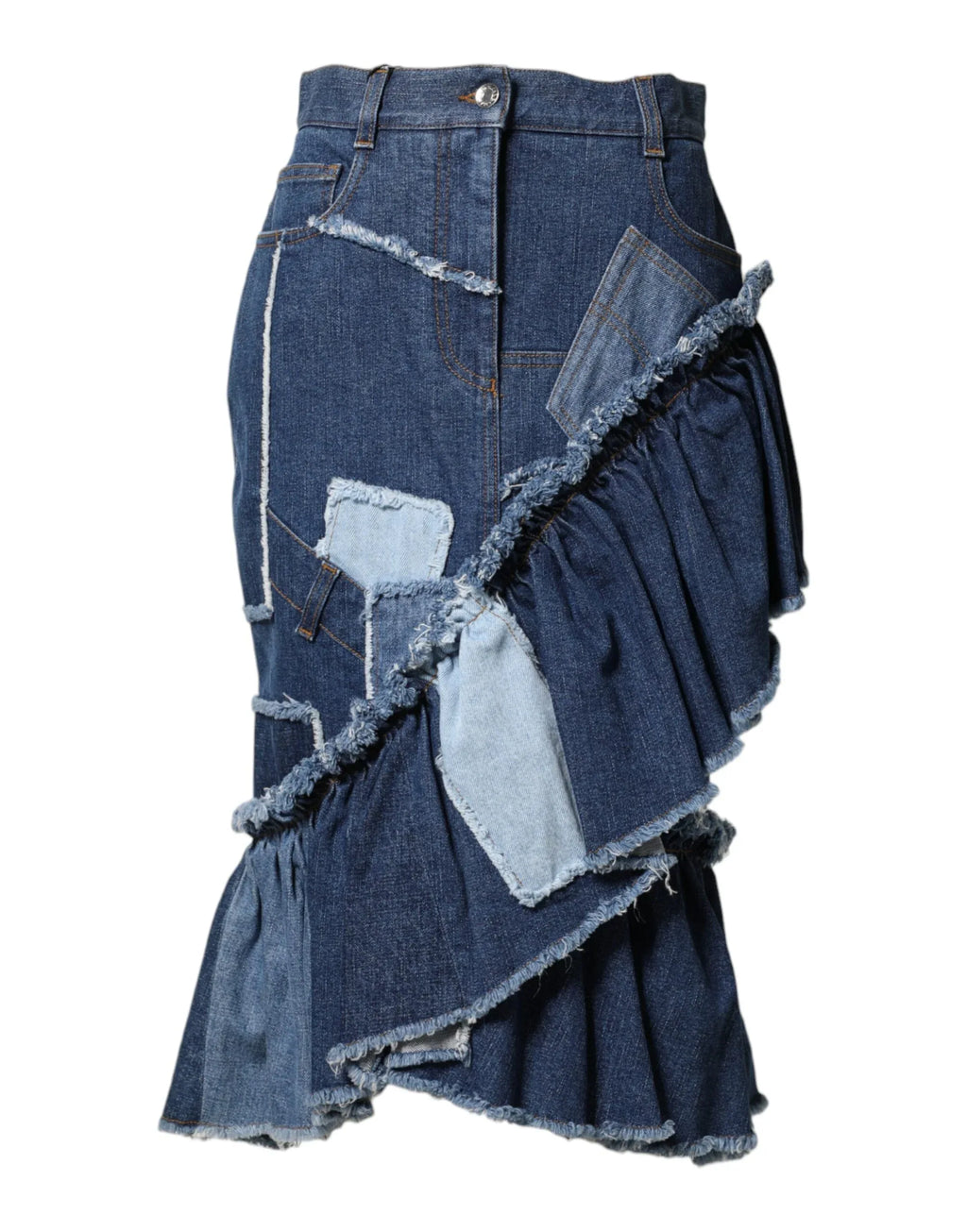 Dolce & Gabbana Blue Patchwork Layered Denim Midi Skirt - Zeiniez