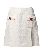 Dolce & Gabbana White Floral Brocade High Waist Mini Skirt - Zeiniez