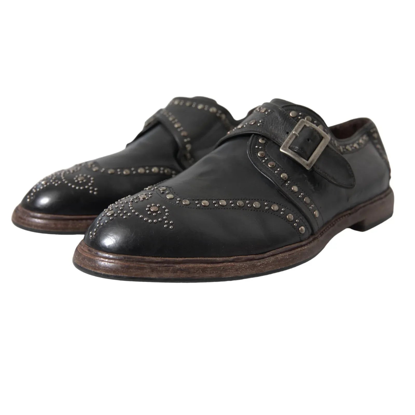 Dolce & Gabbana Black Leather Monk Strap Studded Dress Shoes - Zeiniez