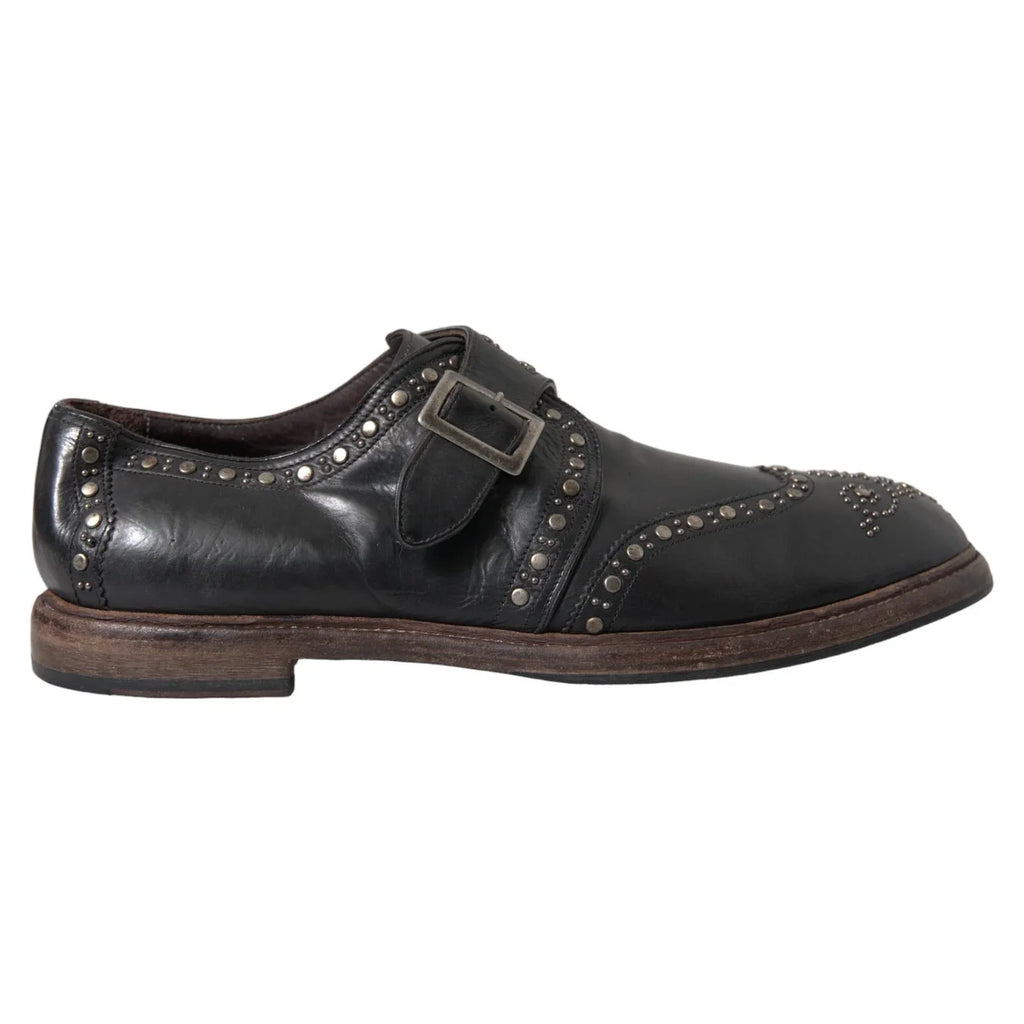 Dolce & Gabbana Black Leather Monk Strap Studded Dress Shoes - Zeiniez