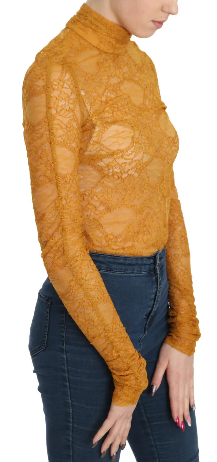 Mangano Mustard Turtle Neck Long Sleeve Lace Top Blouse - Zeiniez