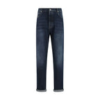 Brunello Cucinelli Blue Cotton Straight-Leg Jeans - Zeiniez