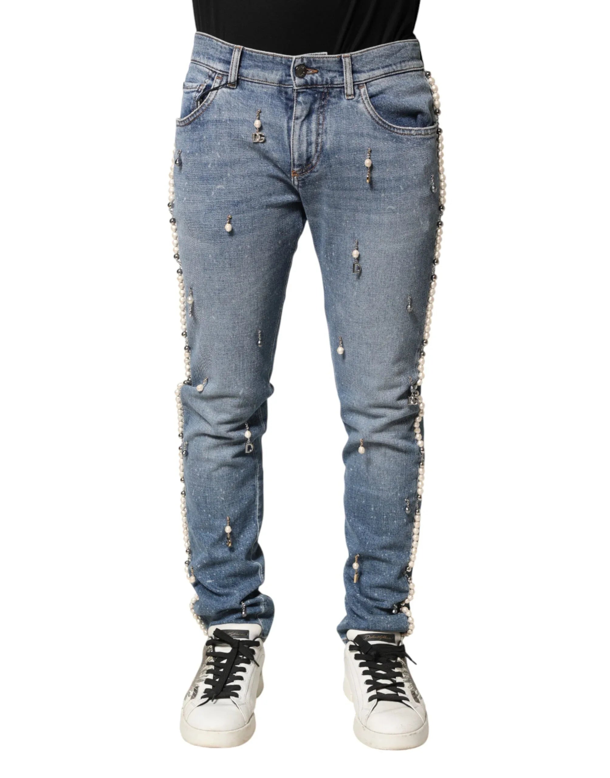 Dolce & Gabbana Blue Embellished Cotton Skinny Denim Jeans - Zeiniez