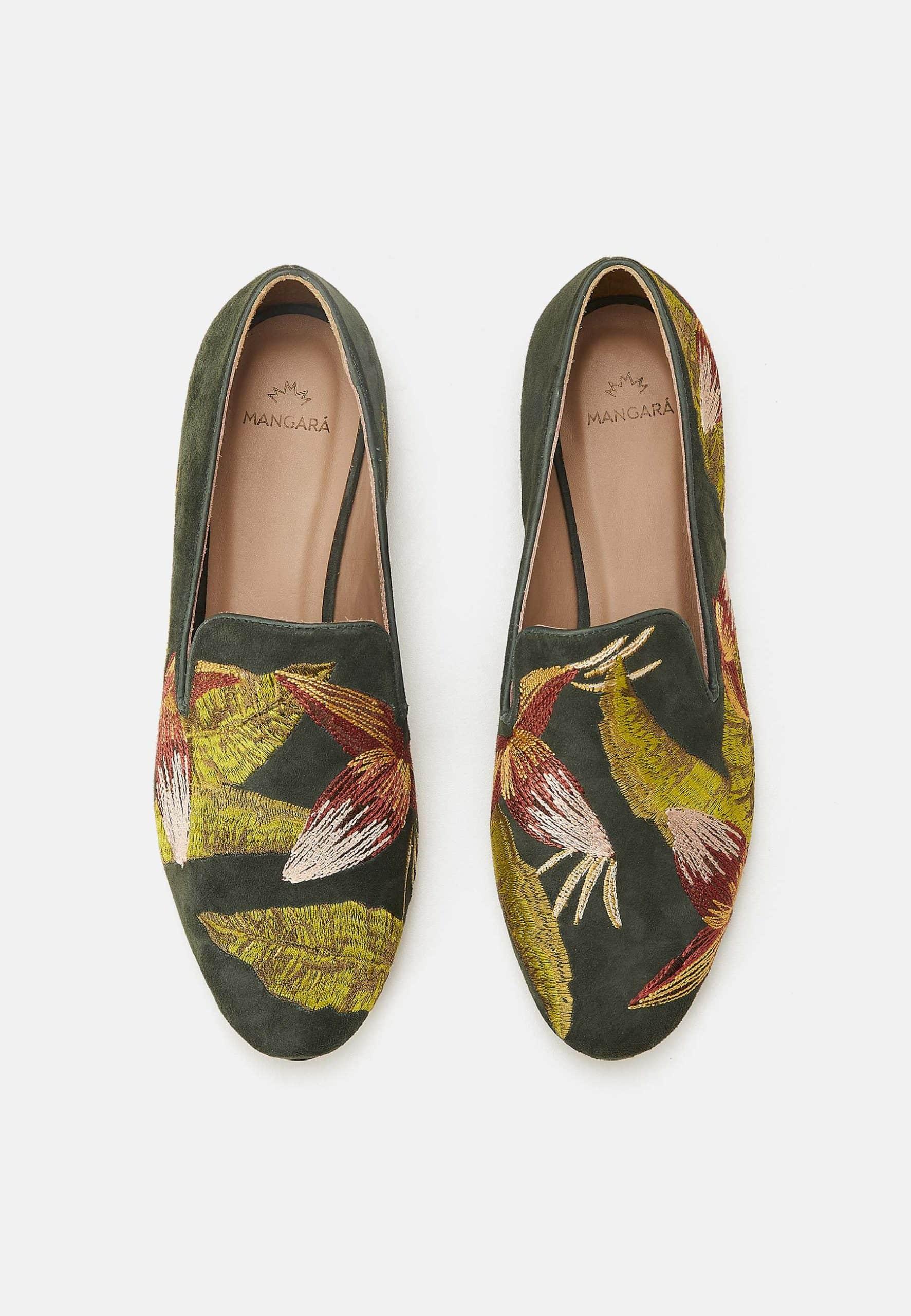 Mangará Atelier Green Suede Embroidered Loafers – Elegant Women’S Flat Shoes Mangará Atelier
