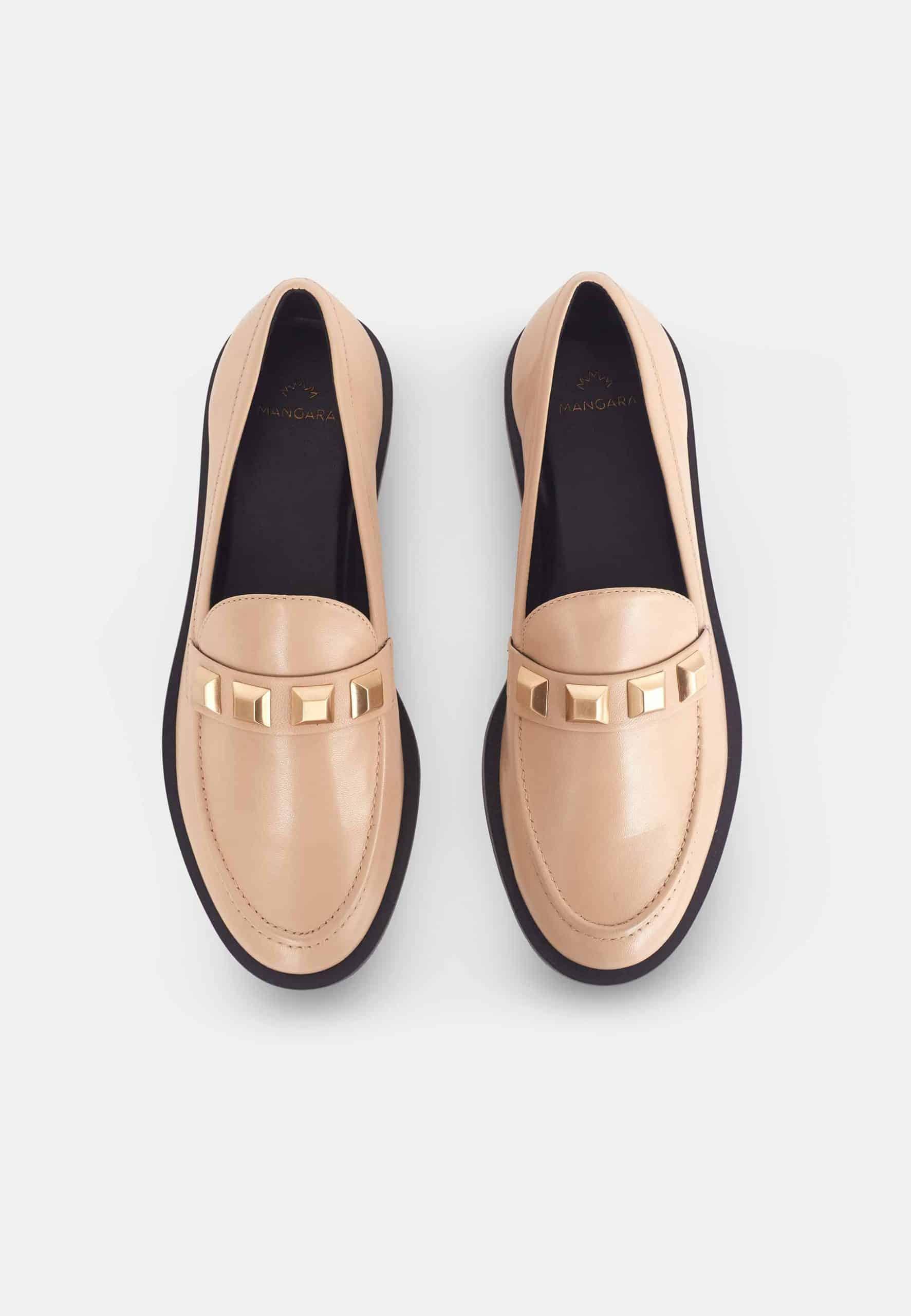 Mangará Atelier Beige Calf Leather Loafers – Elegant Women’S Flat Shoes With Metal Stud Detail Mangará Atelier