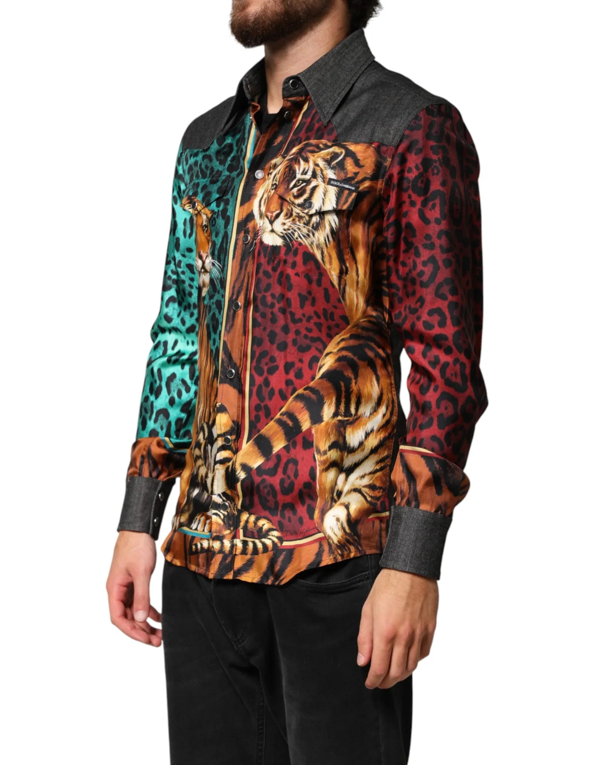 Dolce & Gabbana Multicolor Tiger Leopard Print Silk Men Shirt - Zeiniez