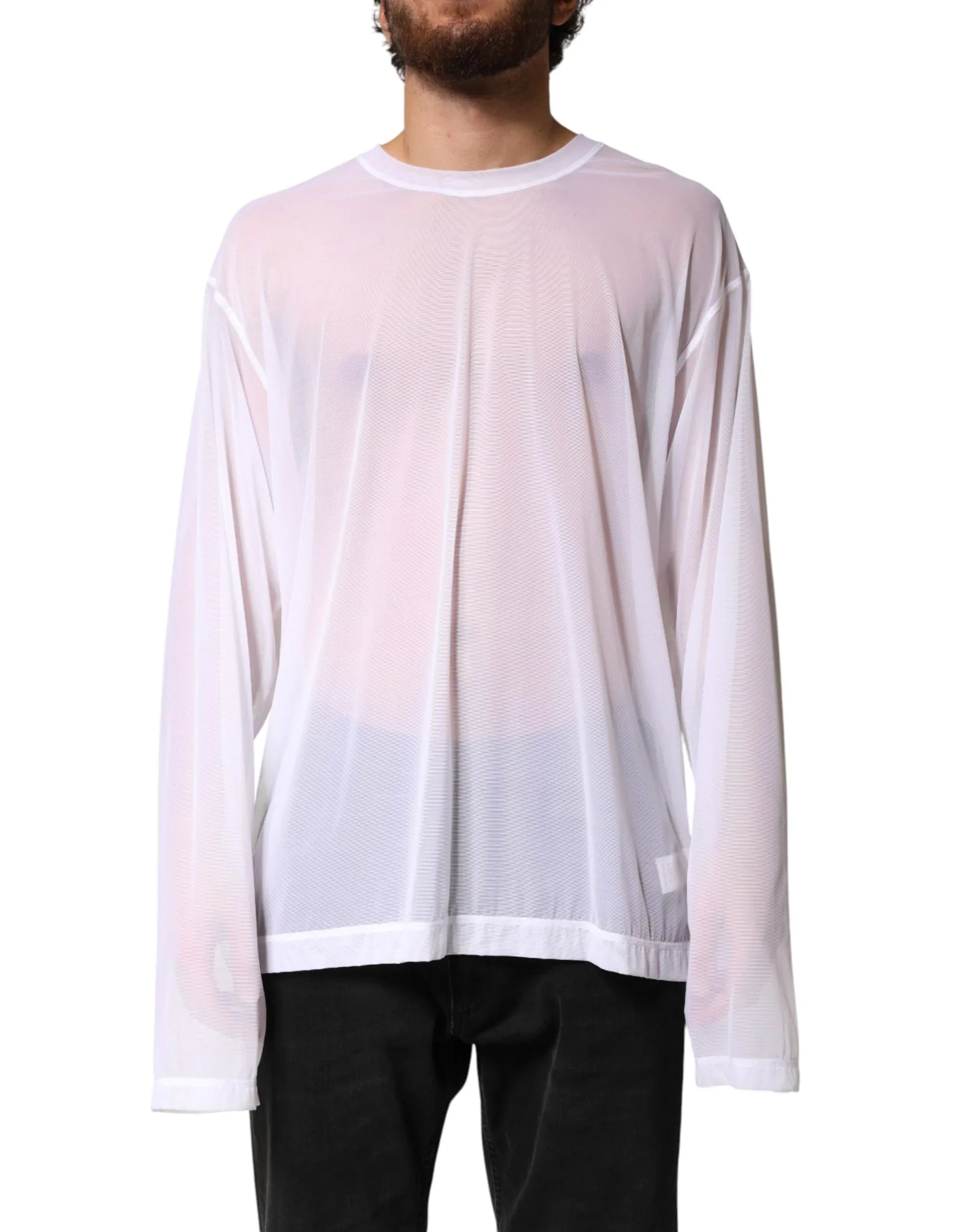 Dolce & Gabbana White Nylon Long Sleeves Crewneck T-Shirt - Zeiniez