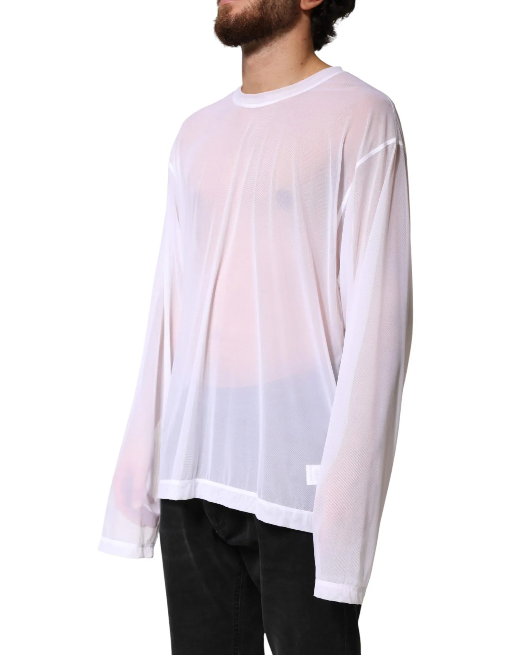 Dolce & Gabbana White Nylon Long Sleeves Crewneck T-Shirt - Zeiniez
