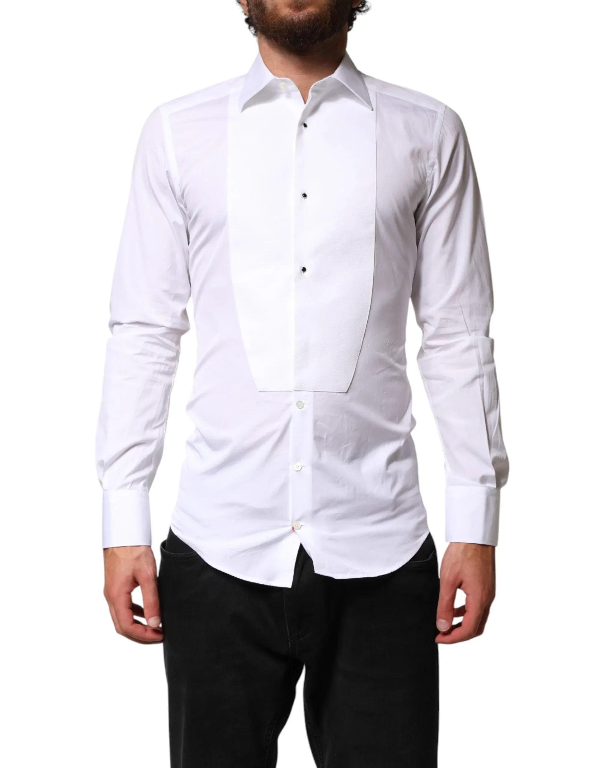 Dolce & Gabbana White Cotton GOLD Collared Dress Bib Formal Shirt - Zeiniez