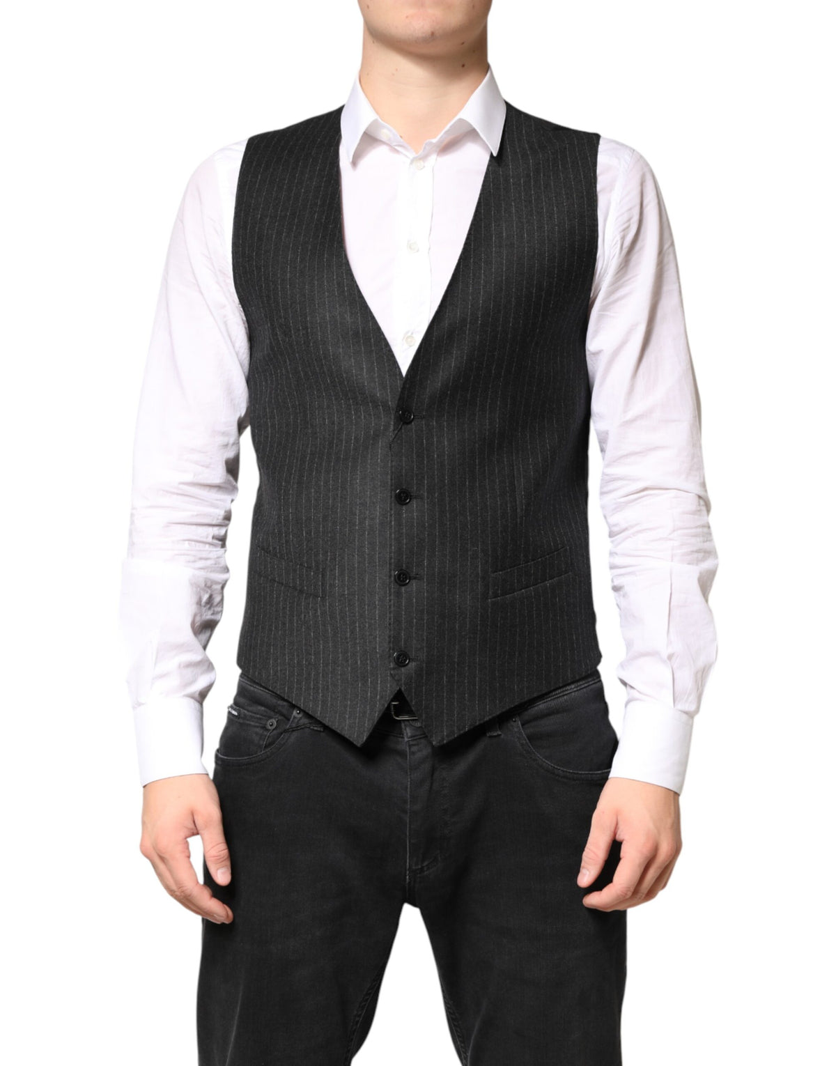 Dolce & Gabbana Black Stripes Wool Dress Men Waistcoat Vest