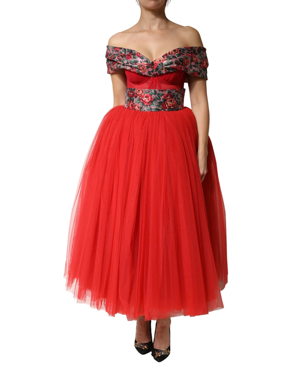 Dolce & Gabbana Red Floral Off Shoulder A-line Gown Dress - Zeiniez