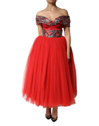 Dolce & Gabbana Red Floral Off Shoulder A-line Gown Dress - Zeiniez