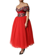 Dolce & Gabbana Red Floral Off Shoulder A-line Gown Dress - Zeiniez