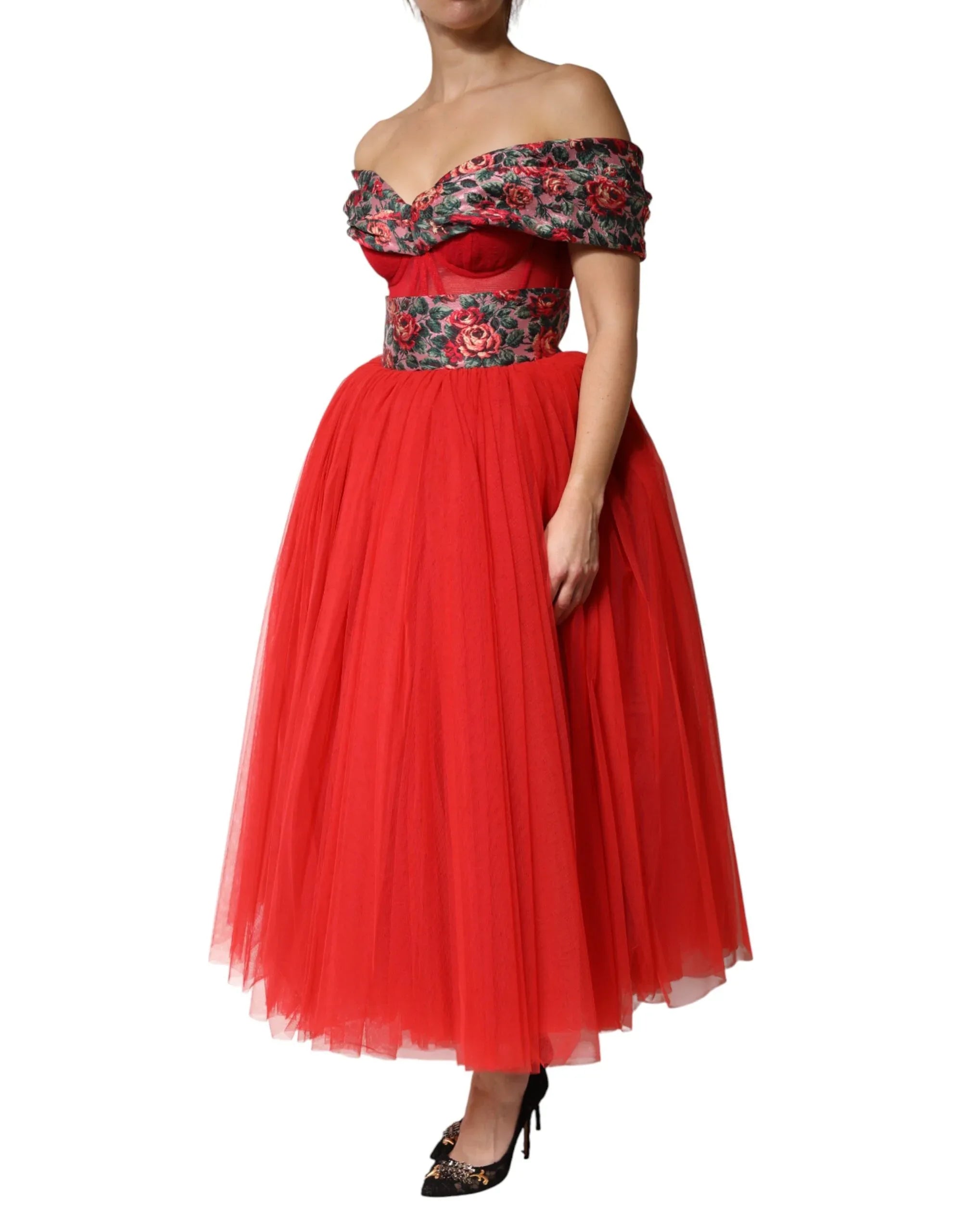 Dolce & Gabbana Red Floral Off Shoulder A-line Gown Dress - Zeiniez