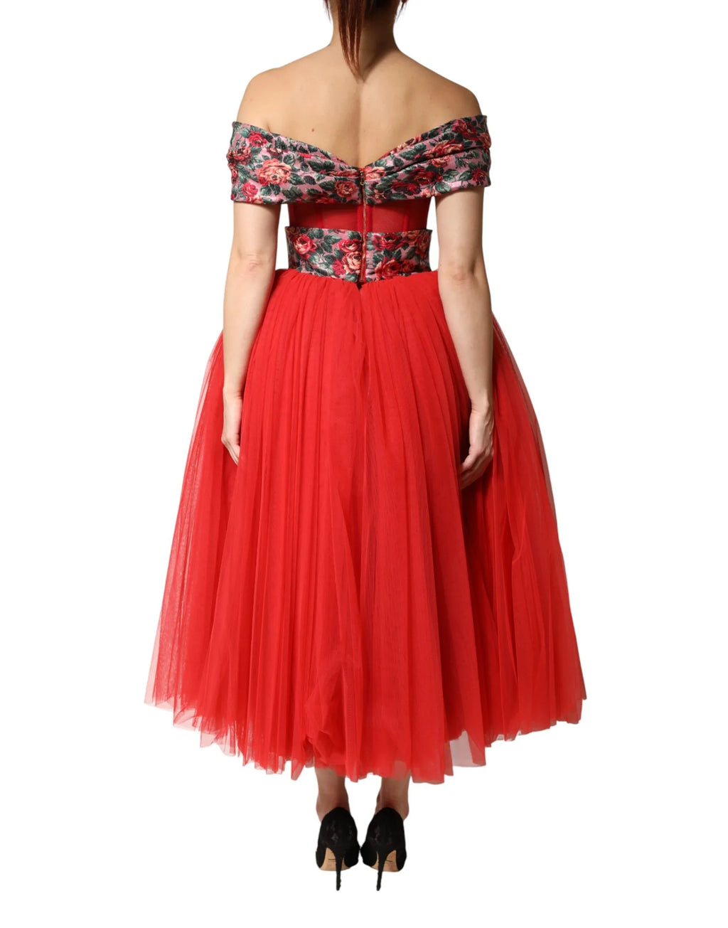 Dolce & Gabbana Red Floral Off Shoulder A-line Gown Dress - Zeiniez