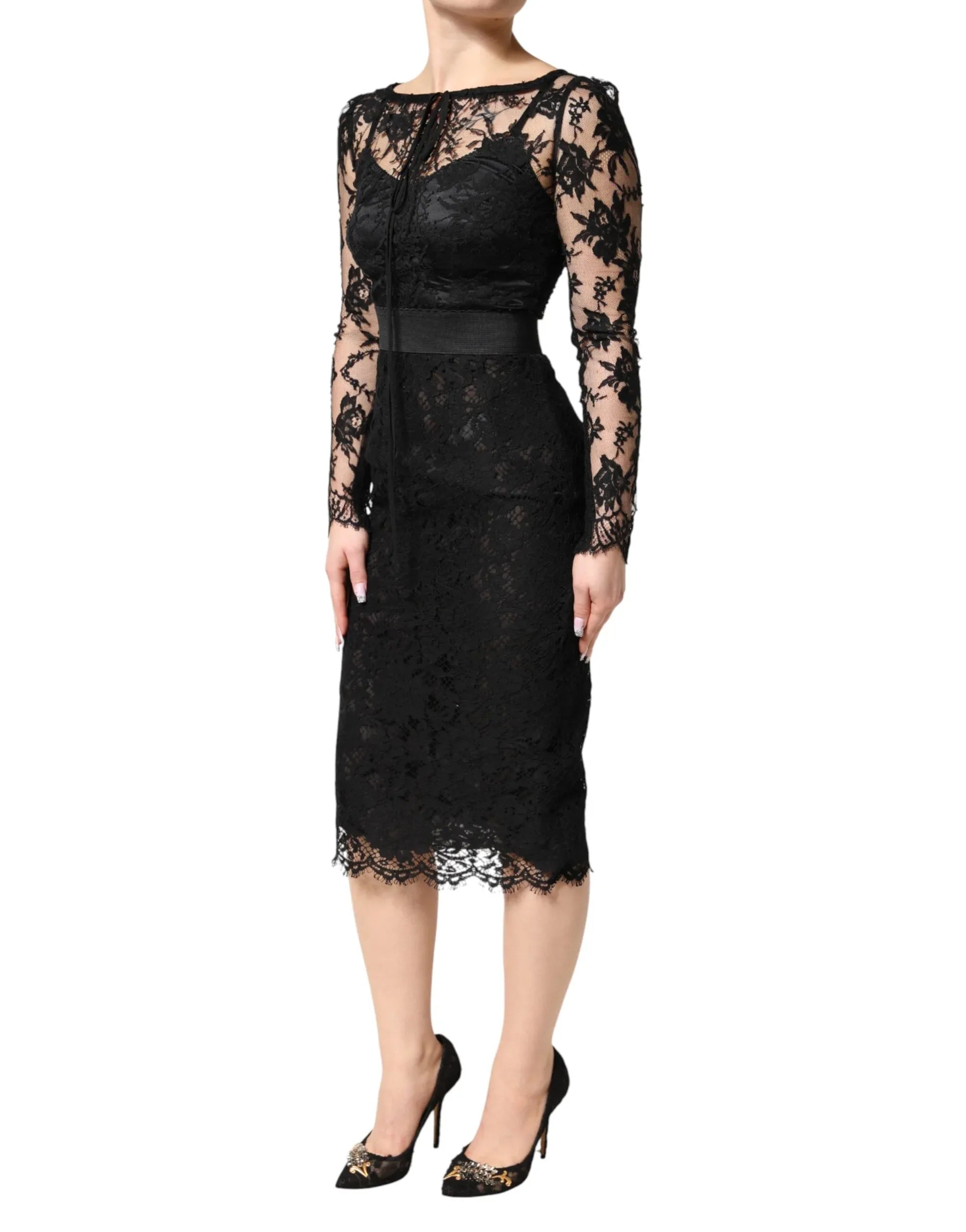 Dolce & Gabbana Black Lace Trim Cotton Sheath Midi Dress - Zeiniez