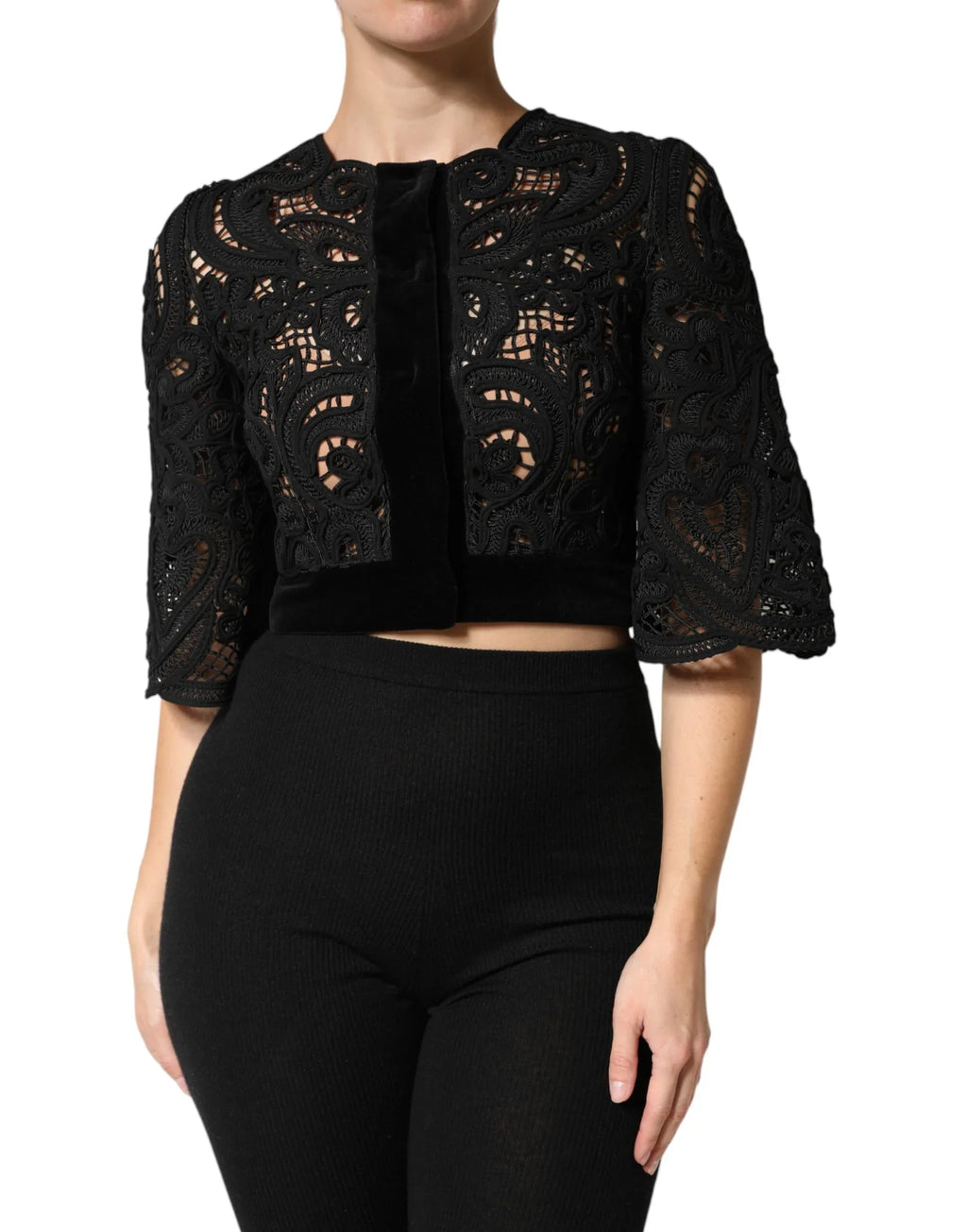 Dolce & Gabbana Black Floral Lace Cropped Coat Jacket - Zeiniez