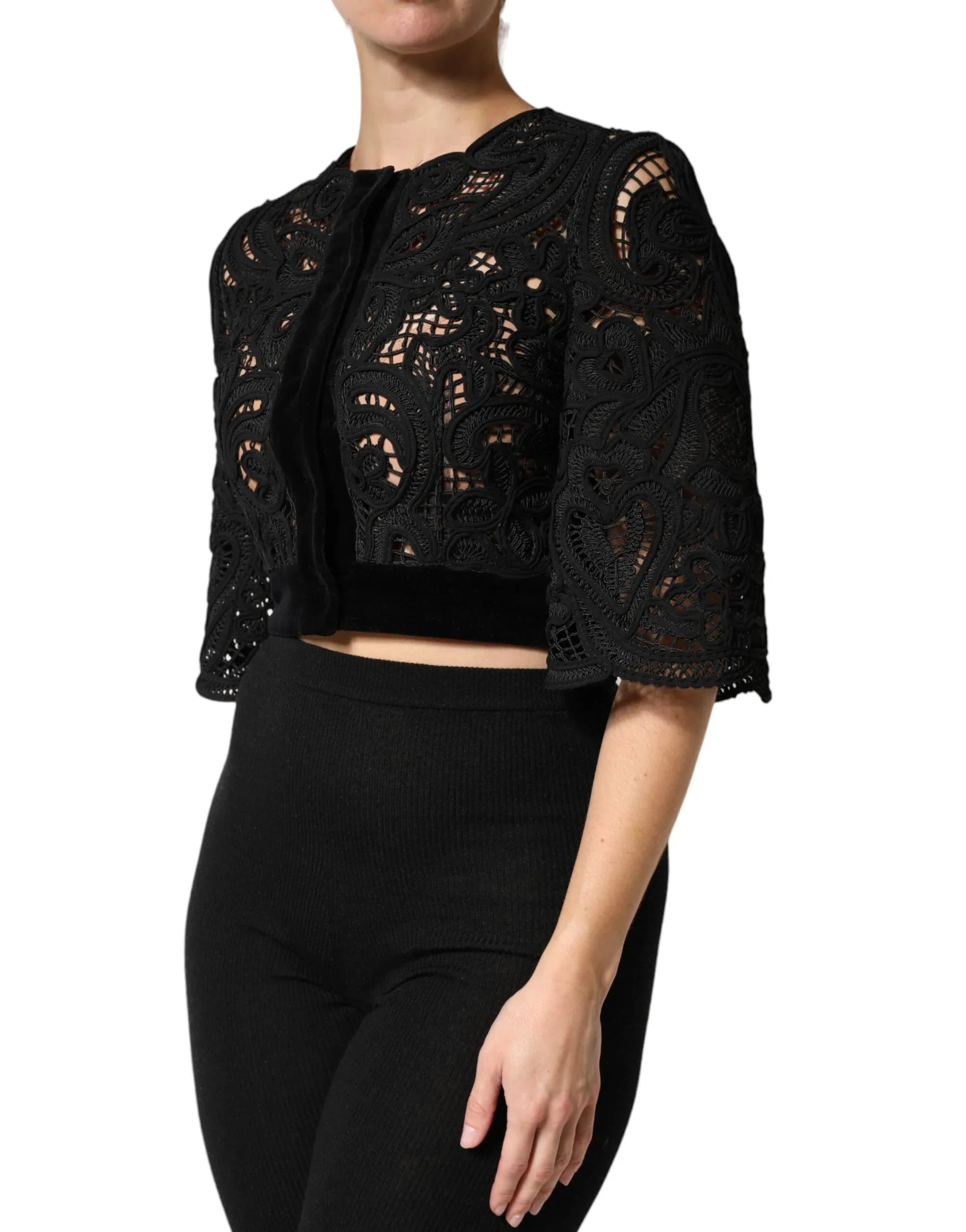 Dolce & Gabbana Black Floral Lace Cropped Coat Jacket - Zeiniez
