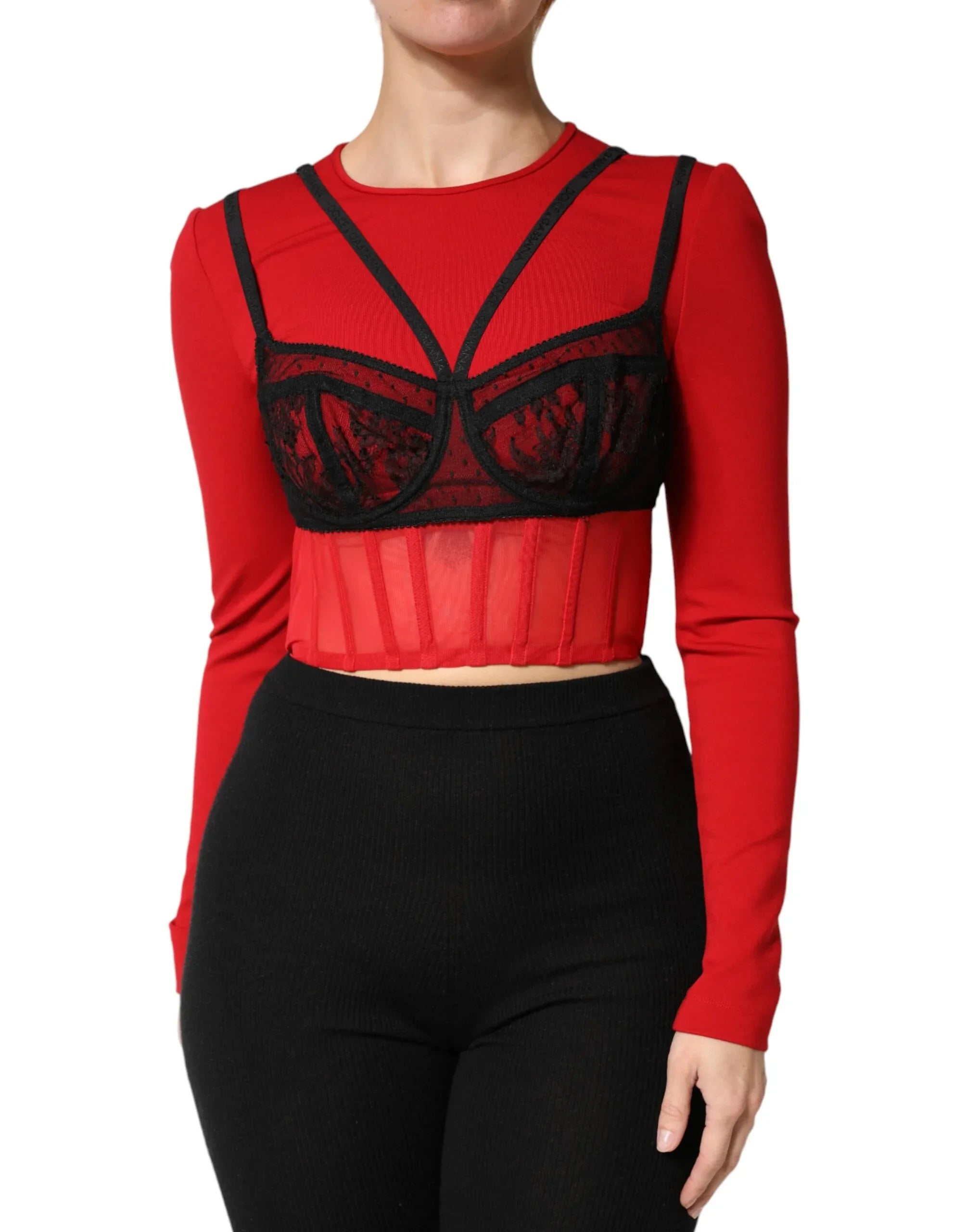 Dolce & Gabbana Red Black Nylon Bralette-Style Cropped Top - Zeiniez
