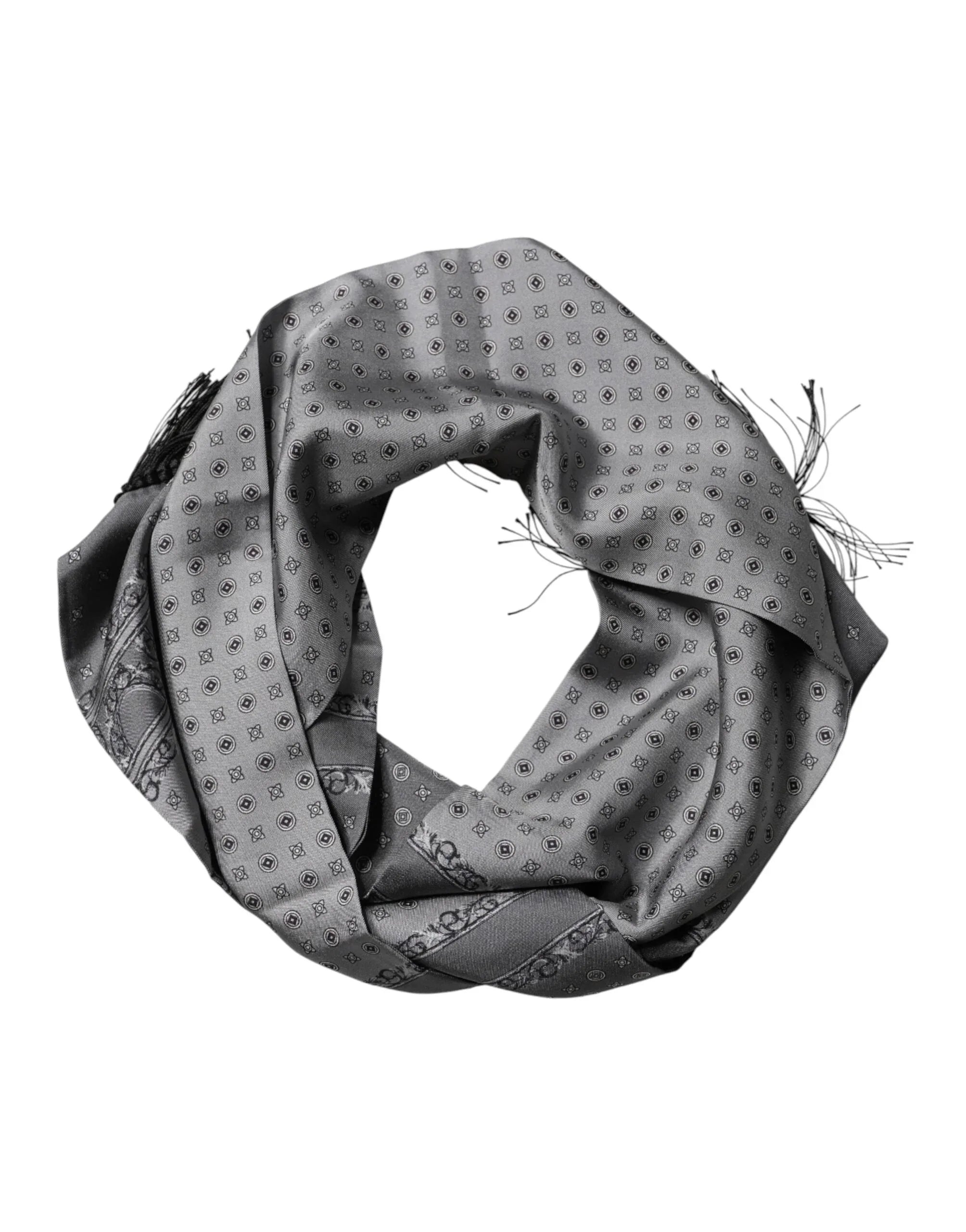 Dolce & Gabbana Gray Patterned Fringes Neck Foulard Scarf - Zeiniez
